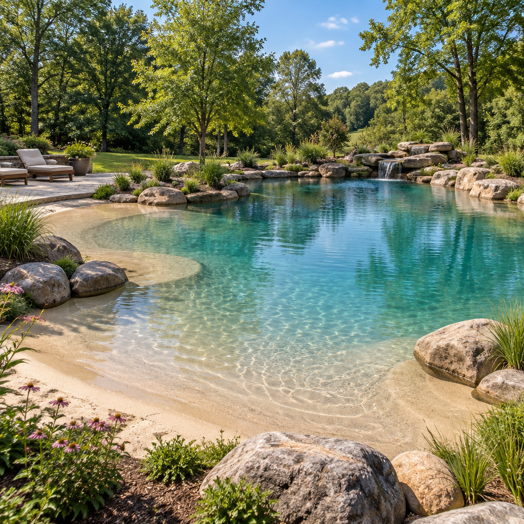 Sand sculpted natural lagoon pool with beach entry, boulders and a small waterfall