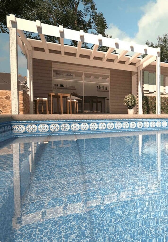 Vinyl liner pool ledge with mosaic tile accent and pergola