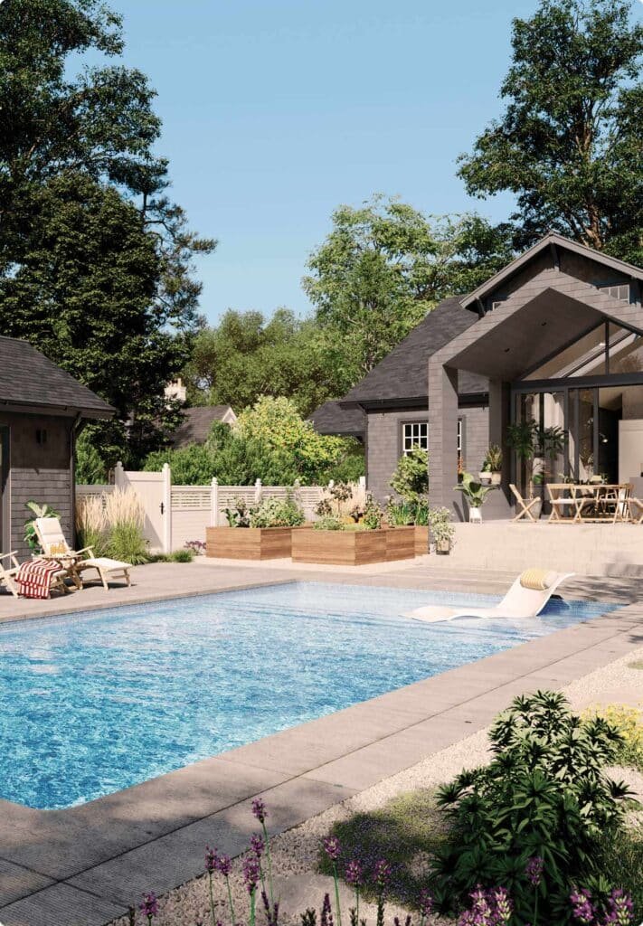 Backyard pool with a custom tanning ledge and landscaped decking