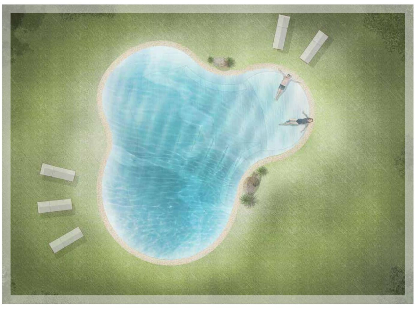 Plan view of the Garden Cove sand sculpted pool shape (BD-02)