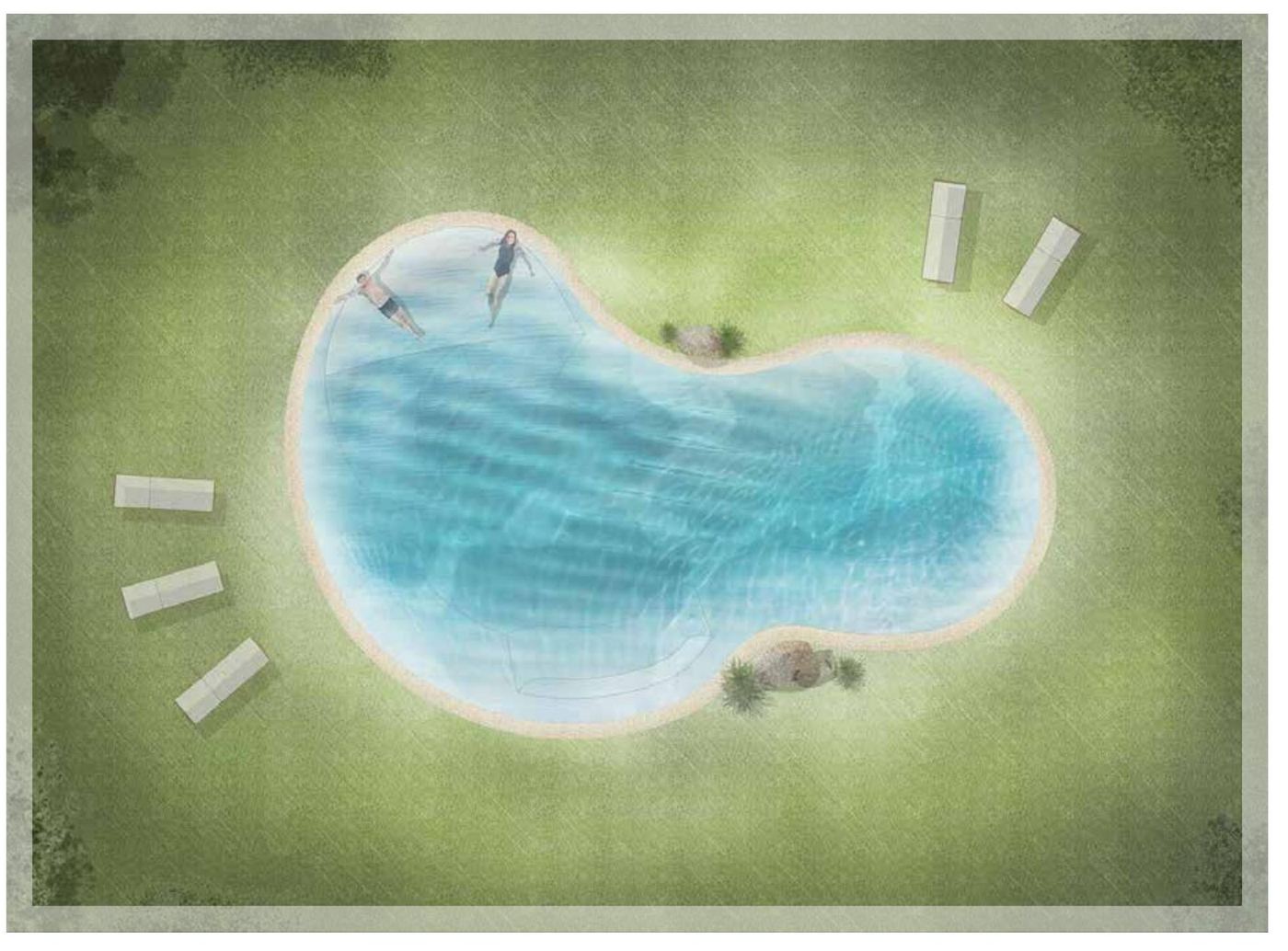 Plan view of the Long Asymmetric sand sculpted pool shape (BD-04)