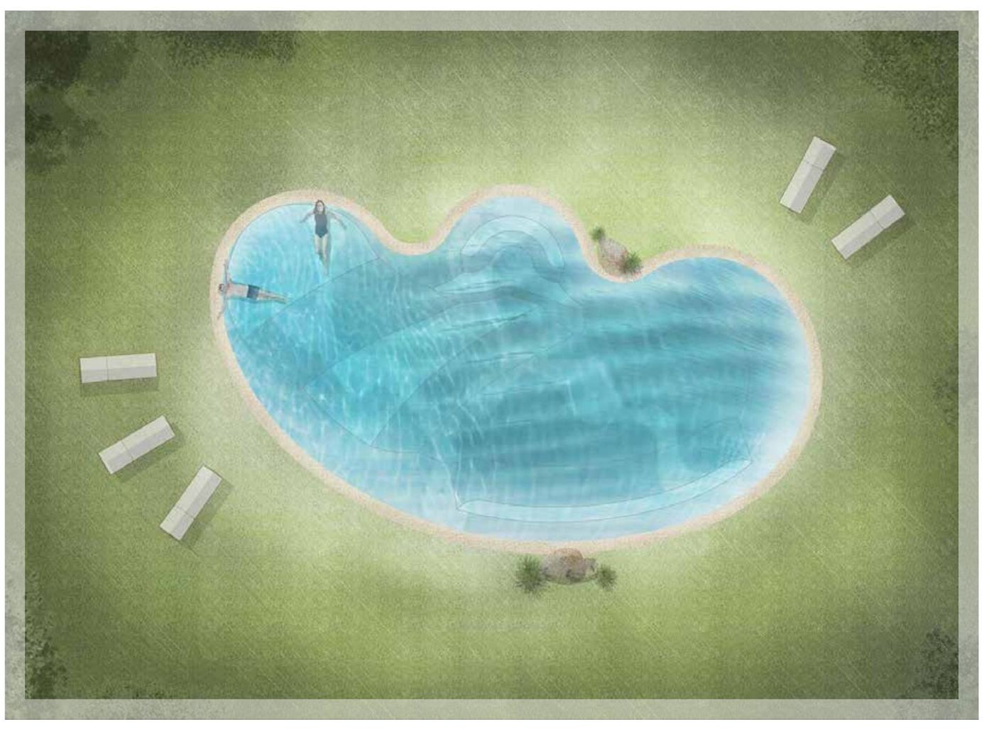 Plan view of the Embrace sand sculpted pool shape (BD-05)