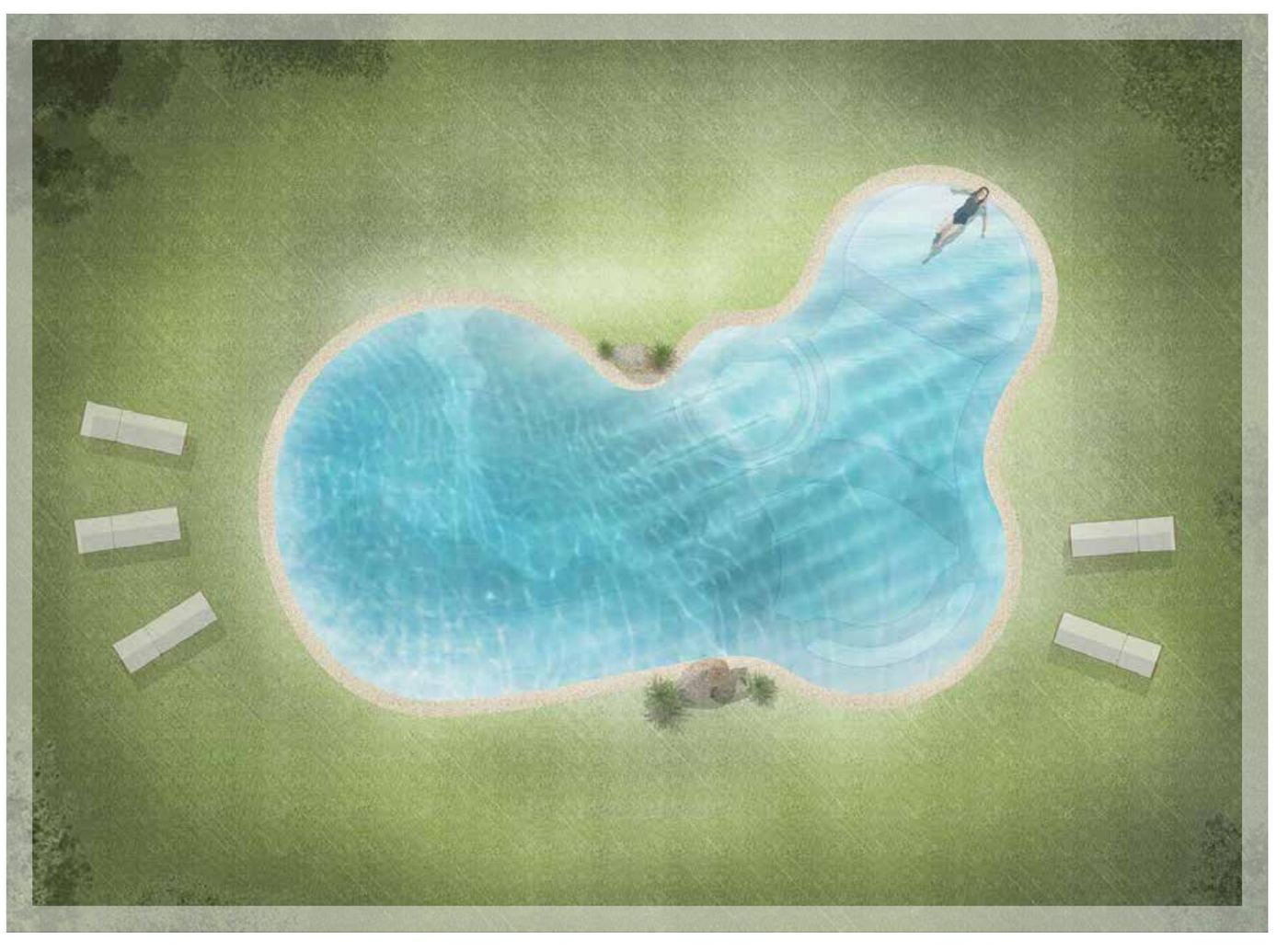 Plan view of the Family Shallows sand sculpted pool shape (BD-11)
